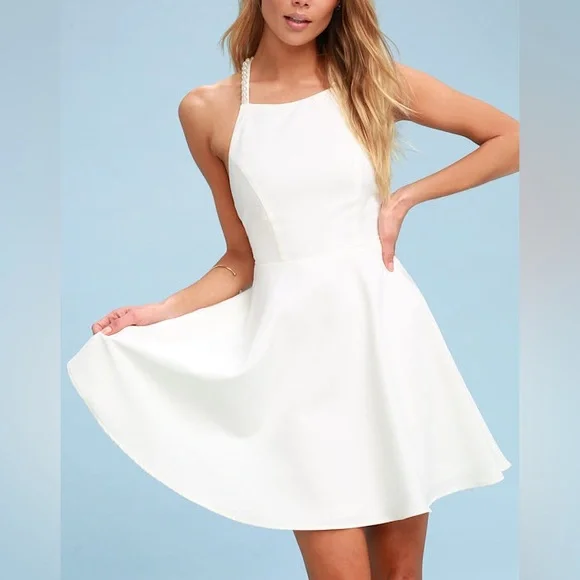 Lulus NWOT Faux Pearl Adore You White Skater Dress Size Small - Picture 5 of 10